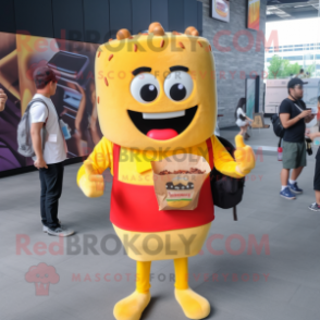 Yellow Burgers mascot costume character dressed with a V-Neck Tee and Backpacks