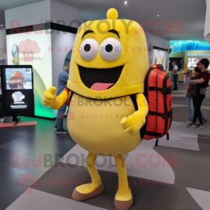 Yellow Burgers mascot costume character dressed with a V-Neck Tee and Backpacks