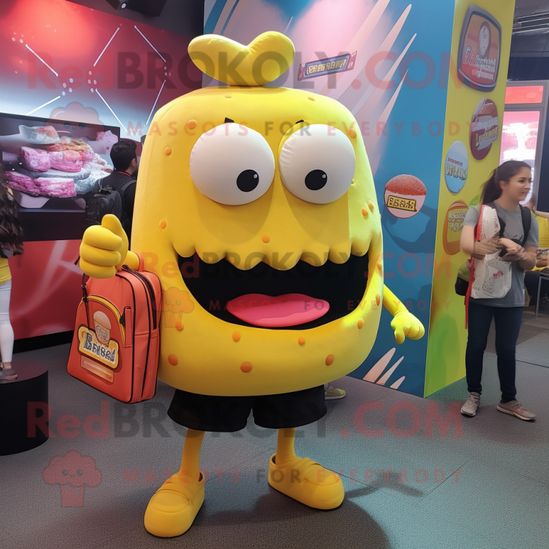 Yellow Burgers mascot costume character dressed with a V-Neck Tee and Backpacks Yellow Burgers mascot costume character dressed with a V-Neck Tee and Backpacks