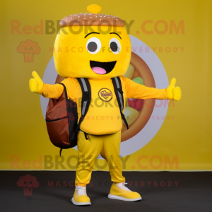 Yellow Burgers mascot costume character dressed with a V-Neck Tee and Backpacks