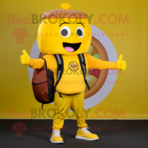 Yellow Burgers mascot costume character dressed with a V-Neck Tee and Backpacks