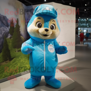 Sky Blue Chipmunk mascot costume character dressed with a Raincoat and Beanies