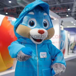 Sky Blue Chipmunk mascot costume character dressed with a Raincoat and Beanies