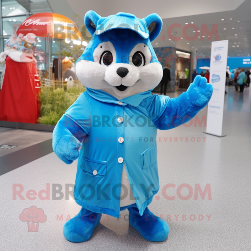 Sky Blue Chipmunk mascot costume character dressed with a Raincoat and Beanies