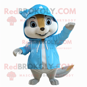 Sky Blue Chipmunk mascot costume character dressed with a Raincoat and Beanies