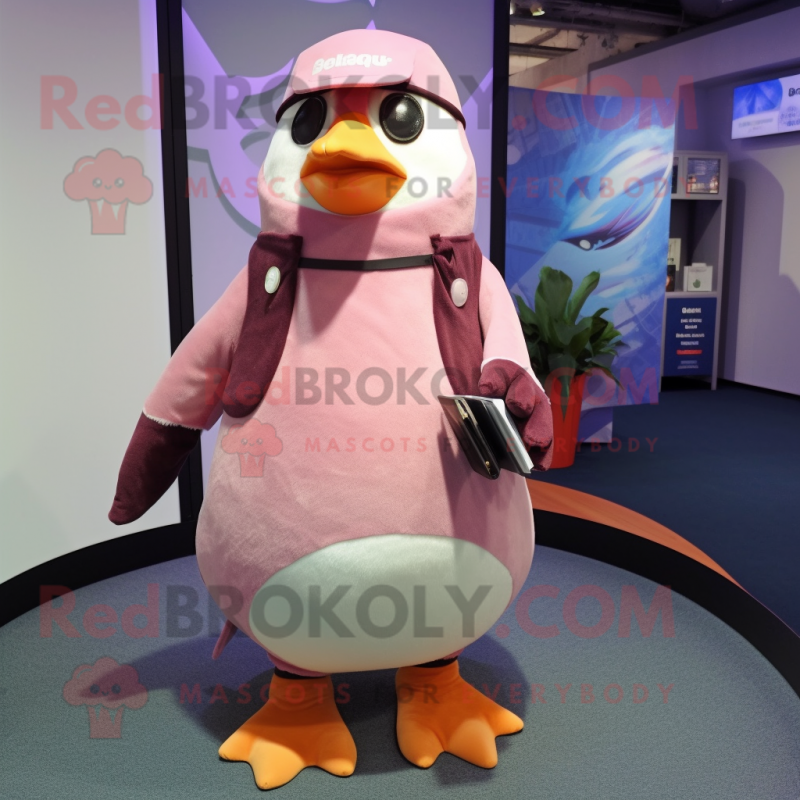 Pink Penguin mascot costume character dressed with a A-Line Skirt and Belts