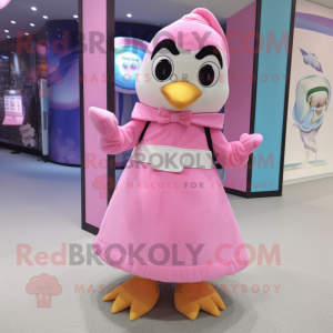 Pink Penguin mascot costume character dressed with a A-Line Skirt and Belts