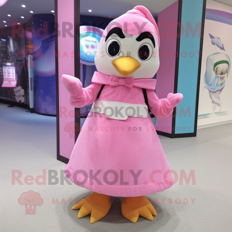 Pink Penguin mascot costume character dressed with a A-Line Skirt and Belts Pink Penguin mascot costume character dressed with a A-Line Skirt and Belts