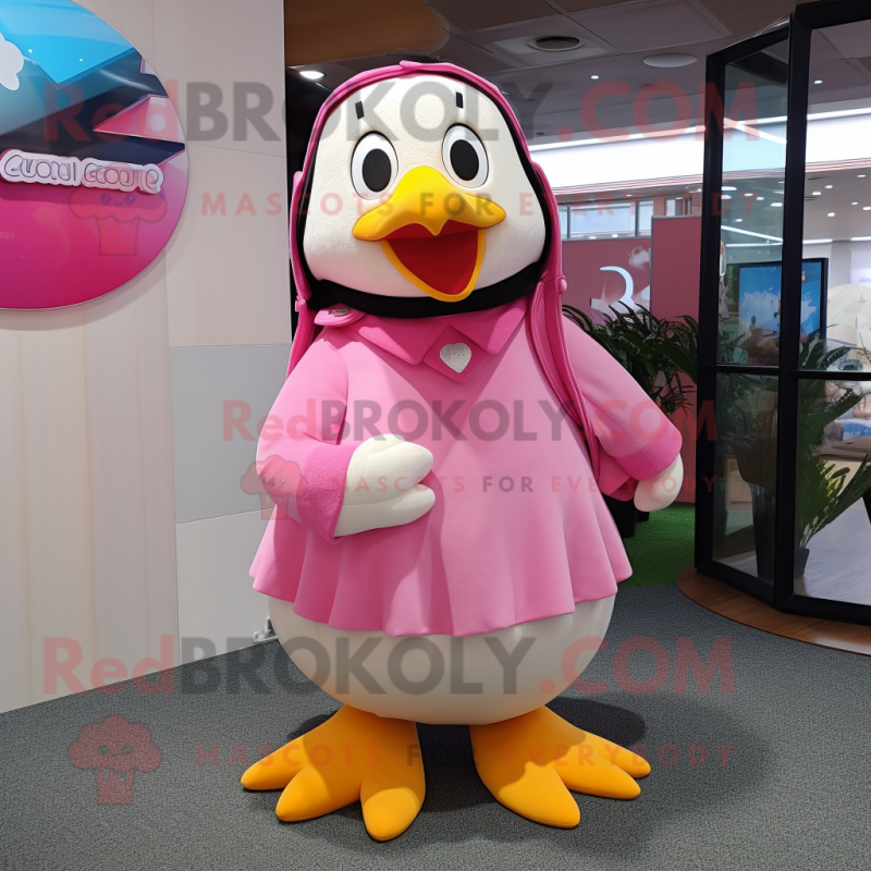 Pink Penguin mascot costume character dressed with a A-Line Skirt and Belts