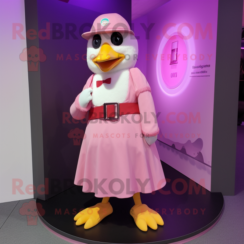 Pink Penguin mascot costume character dressed with a A-Line Skirt and Belts