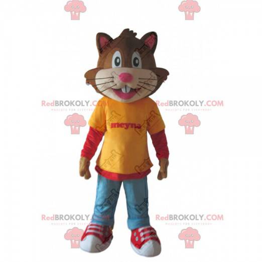 Cat mascot dressed in youth outfit, feline costume -