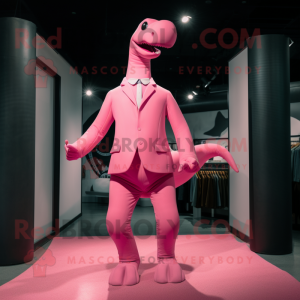 Pink Diplodocus mascot costume character dressed with a Suit Jacket and Shoe clips