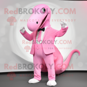 Pink Diplodocus mascot costume character dressed with a Suit Jacket and Shoe clips