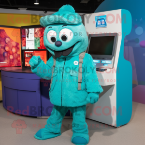 Turquoise Television mascot costume character dressed with a Parka and Keychains