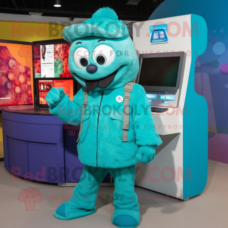 Turquoise Television mascot costume character dressed with a Parka and Keychains Turquoise Television mascot costume character dressed with a Parka and Keychains