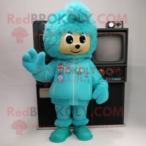 Turquoise Television mascot costume character dressed with a Parka and Keychains