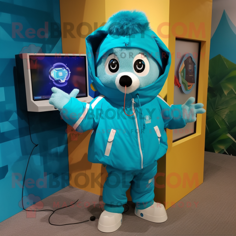 Turquoise Television mascot costume character dressed with a Parka and Keychains