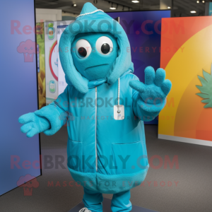 Turquoise Television mascot costume character dressed with a Parka and Keychains