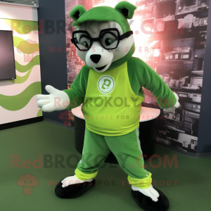Lime Green Badger mascot costume character dressed with a Joggers and Reading glasses