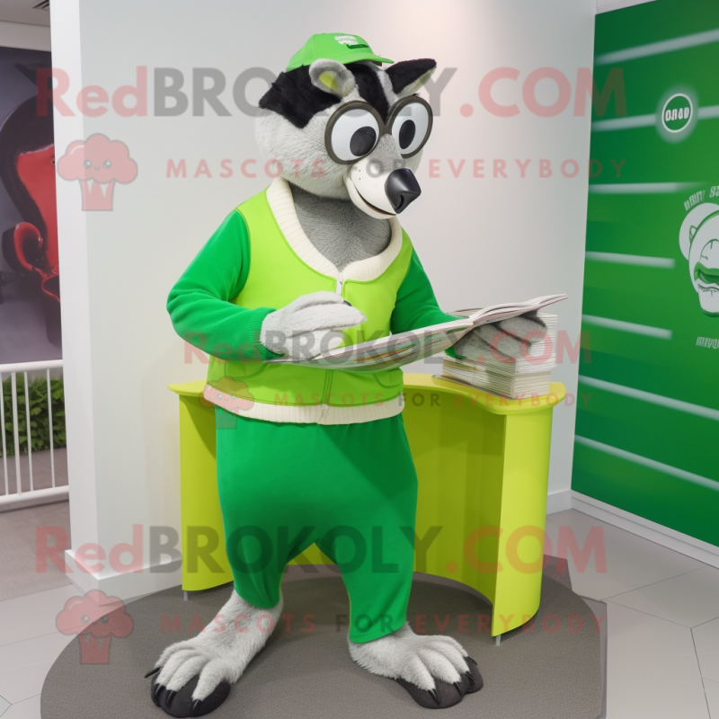 Lime Green Badger mascot costume character dressed with a Joggers and Reading glasses