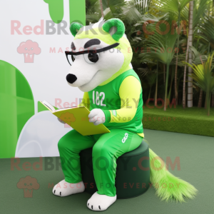 Lime Green Badger mascot costume character dressed with a Joggers and Reading glasses