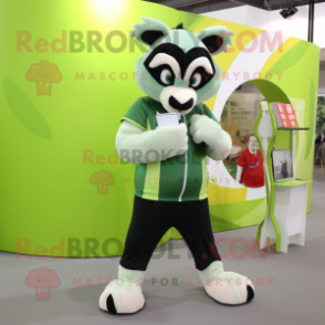 Lime Green Badger mascot costume character dressed with a Joggers and Reading glasses