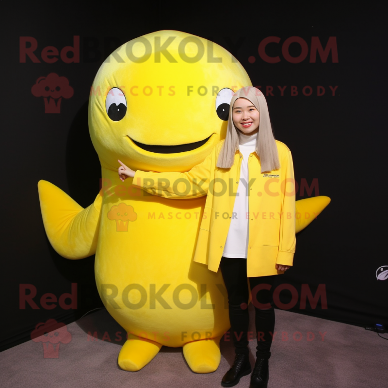 Lemon Yellow Beluga Whale mascot costume character dressed with a Turtleneck and Hair clips