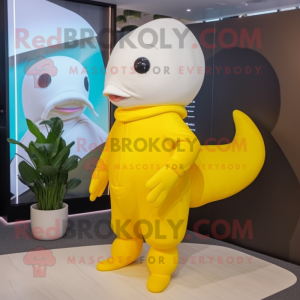 Lemon Yellow Beluga Whale mascot costume character dressed with a Turtleneck and Hair clips