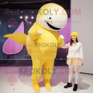 Lemon Yellow Beluga Whale mascot costume character dressed with a Turtleneck and Hair clips
