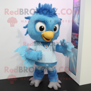 Sky Blue Harpy mascot costume character dressed with a Hoodie and Bracelet watches