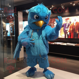 Sky Blue Harpy mascot costume character dressed with a Hoodie and Bracelet watches