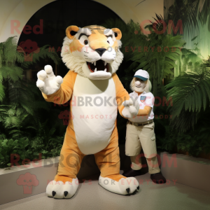 Cream Saber-Toothed Tiger mascot costume character dressed with a Bermuda Shorts and Watches