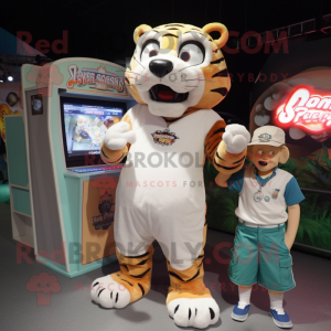 Cream Saber-Toothed Tiger mascot costume character dressed with a Bermuda Shorts and Watches