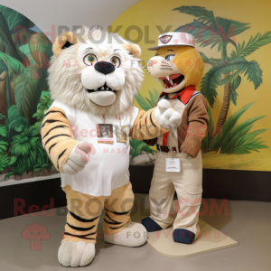 Cream Saber-Toothed Tiger mascot costume character dressed with a Bermuda Shorts and Watches