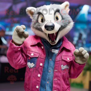 Magenta Badger mascot costume character dressed with a Denim Shirt and Rings