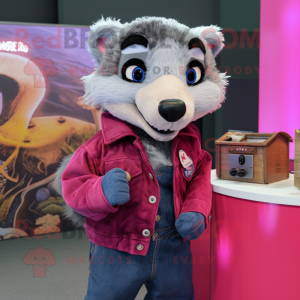 Magenta Badger mascot costume character dressed with a Denim Shirt and Rings