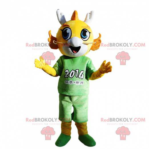 Yellow dragon mascot dressed in green, young dragon costume -