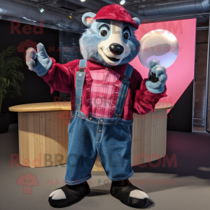 Magenta Badger mascot costume character dressed with a Denim Shirt and Rings