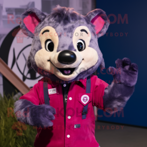 Magenta Badger mascot costume character dressed with a Denim Shirt and Rings
