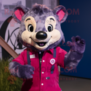 Magenta Badger mascot costume character dressed with a Denim Shirt and Rings