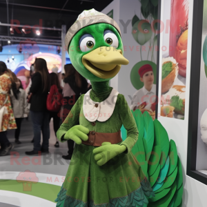 Green Turkey mascot costume character dressed with a Midi Dress and Pocket squares