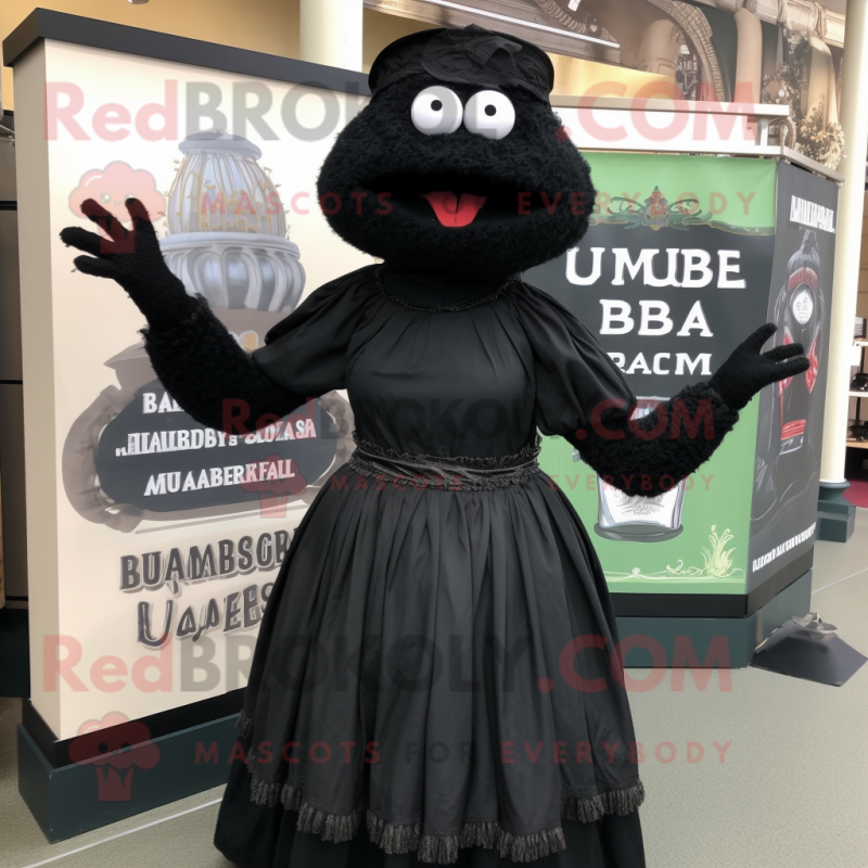 Black Jambalaya mascot costume character dressed with a Empire Waist Dress and Cummerbunds Black Jambalaya mascot costume character dressed with a Empire Waist Dress and Cummerbunds