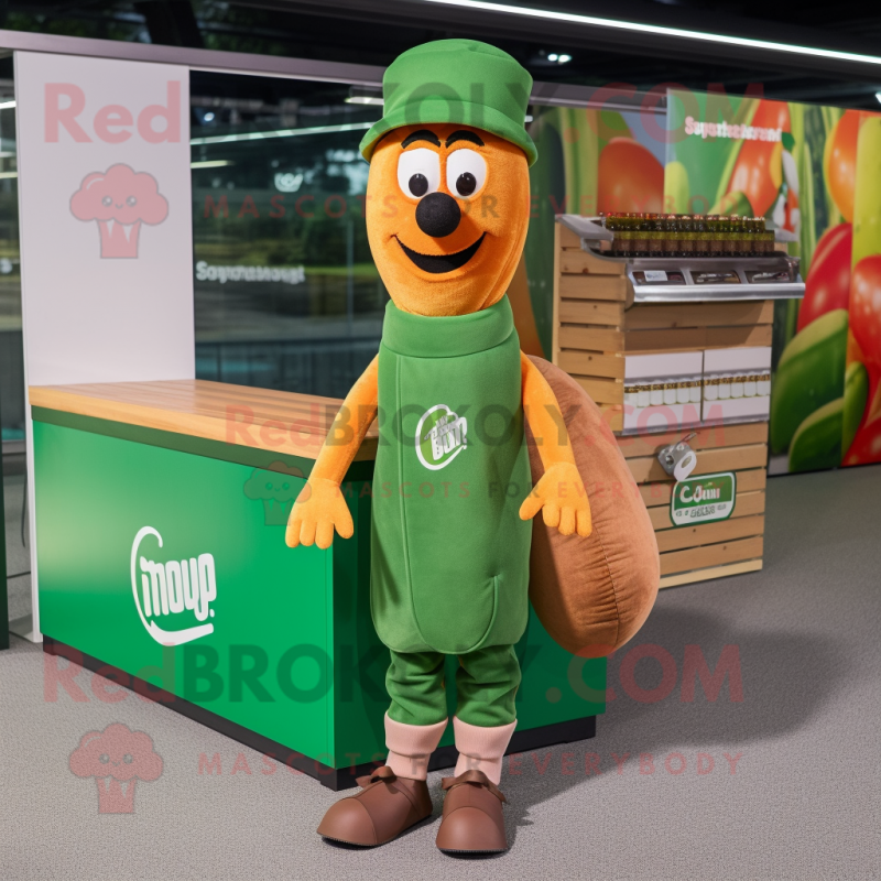 Green Currywurst mascot costume character dressed with a Cargo Shorts and Beanies