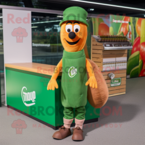 Green Currywurst mascot costume character dressed with a Cargo Shorts and Beanies