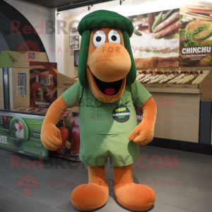 Green Currywurst mascot costume character dressed with a Cargo Shorts and Beanies