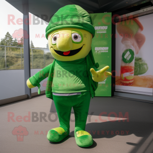 Green Currywurst mascot costume character dressed with a Cargo Shorts and Beanies