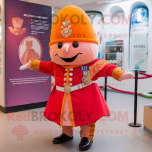 Peach British Royal Guard mascot costume character dressed with a Playsuit and Scarves