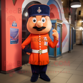 Peach British Royal Guard mascot costume character dressed with a Playsuit and Scarves