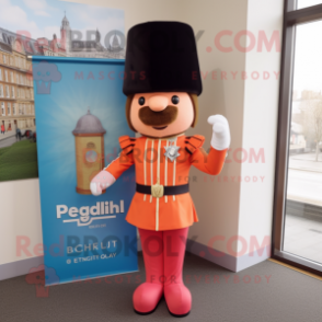 Peach British Royal Guard mascot costume character dressed with a Playsuit and Scarves