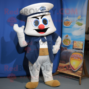 Navy Clam Chowder mascot costume character dressed with a Flare Jeans and Suspenders